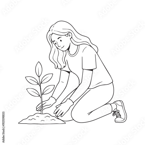 Young woman planting small tree sapling in soil line art gardening illustration
