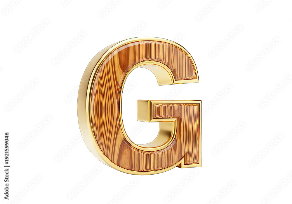 Fototapeta premium Textured wood letter G with polished gold outline, 3D isolated object
