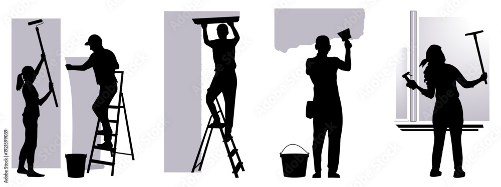 Fototapeta premium People silhouettes, people are doing repairs and homework. Vector illustration 