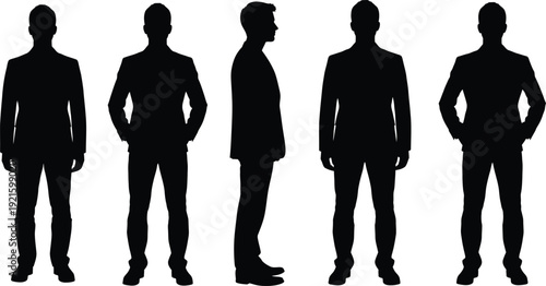 Five black silhouettes of men in various poses
