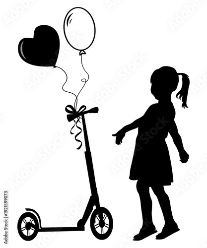 Happy birthday. Children silhouettes, little girl received a scooter as a gift. Vector illustration.	