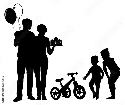 People silhouettes, family celebrate kids birthday. Vector illustration.
