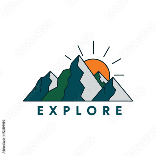 A vibrant mountain landscape at sunrise with a bold explore theme
