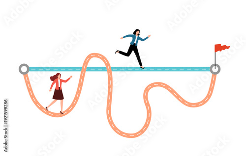 Shortcut To Success concept Businesswoman holding pen in hand leads a drawing line from point A to point B for Easy or shortcut way to win business success achievement of goals,Simple Solution