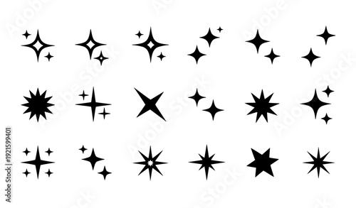 Sparkling twinkle star black silhouette flat vector icon set isolated on transparent background