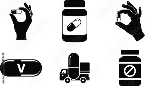 Pharmaceutical and supplement icons including hands holding pills bottles capsules and delivery truck