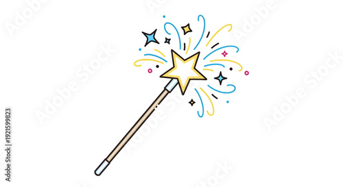 A whimsical cartoon illustration of a magic wand with a glowing star tip, emitting colorful sparkles and light trails, on a white background.