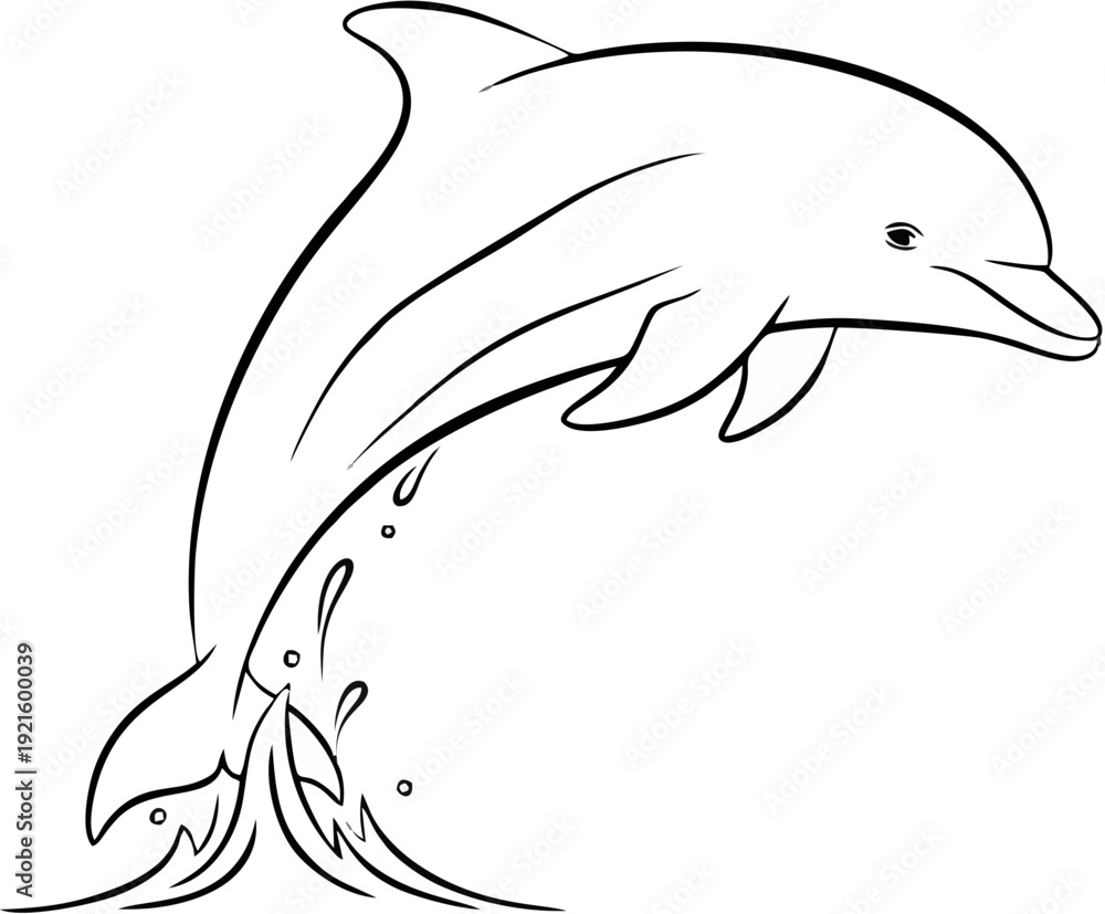 Fototapeta premium Graceful vector illustration of a powerful dolphin mid-leap from the ocean surface, creating dynamic water splashes in a clean, black and white line art style