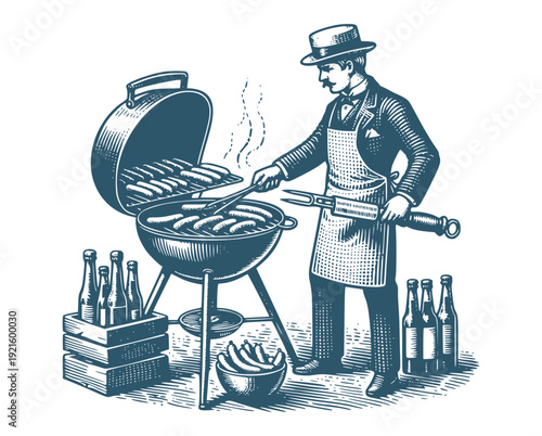 Vintage Retro Barbecue Engraving Scene With Man Grilling Sausages Drinking Beer Outdoor Picnic Gathering Rustic Food Illustration For Poster Card Menu