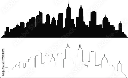 New york city skyline silhouette and line art illustration