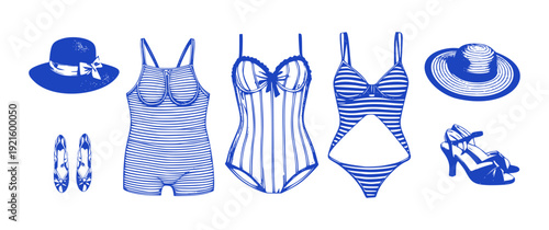 Vintage Retro Swimsuit Summer Beach Vacation Vector Set  Elegant Women Clothes Hat Sunglasses Shoes Engraving Style