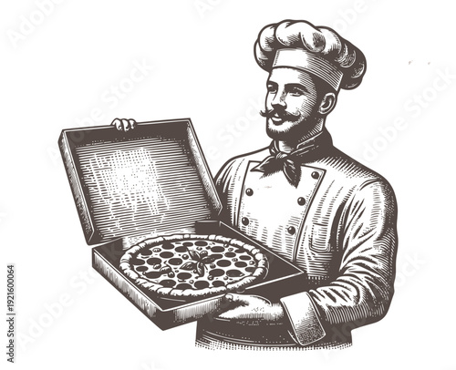 Vintage Pizza Chef Vector Engraving Retro Illustration Of Italian Pizzaiolo  Fresh Pizza Box For Cafe Restaurant Menu