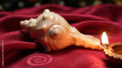 Conch Shell and Lit Oil Lamp on Red Silk Fabric with Soft Focus Background