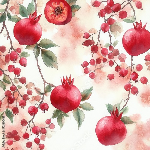 watercolor painting of ripe pomegranates and clusters of red berries on leafy branches with soft warm washes, evoking a serene romantic autumnal harvest