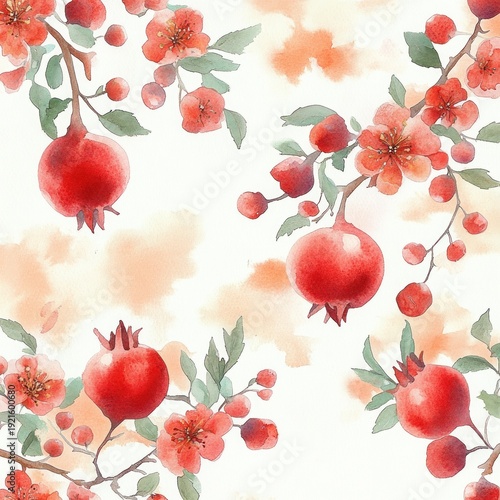 delicate watercolor pomegranate branches with red fruits, blossoms, buds and leaves on a soft peach background conveying fresh serene botanical charm