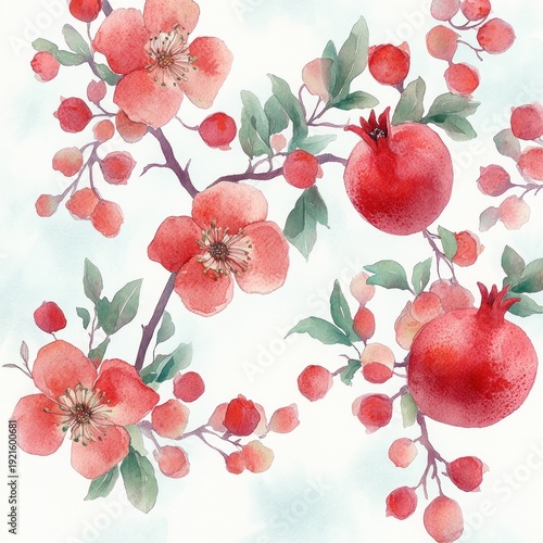 serene watercolor pomegranate branches with red fruits, pink blossoms, buds and green leaves on a soft wash background