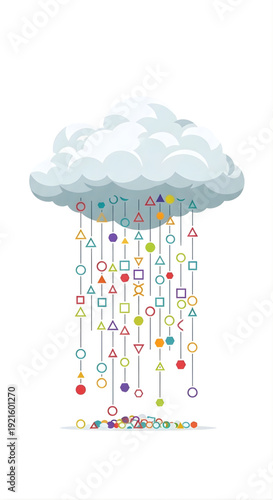 Colorful geometric shapes raining from a cloud