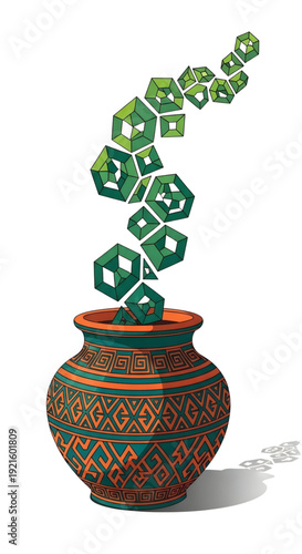 Vibrant green crystals emerging from ancient decorative pot