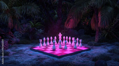 Chess Game Set in a Mystical Jungle with Vibrant Colors at Night