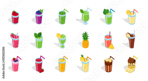 A collection of assorted, vibrant, and appetizing smoothies, drinks, and healthy beverages isolated