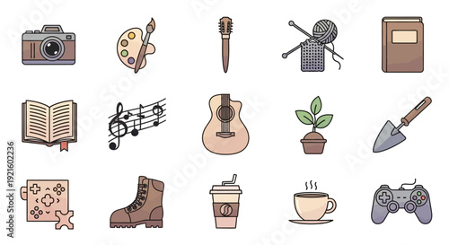 A collection of icons related to hobbies, leisure activities, and everyday objects in a flat style