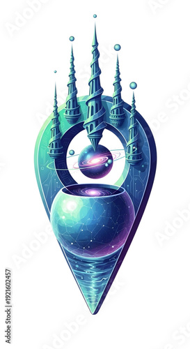 Futuristic castle with glowing planets in a cosmic landscape