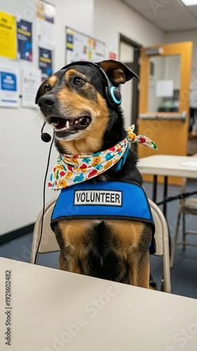 Happy dog wearing headset and blue volunteer vest working as customer support agent