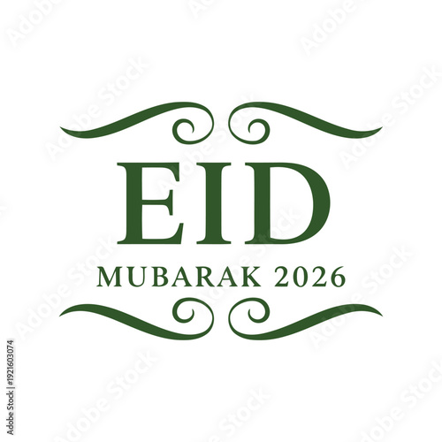 Eid Mubarak 2026 vector clipart with elegant green calligraphy for Islamic holiday greetings