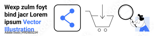 E-commerce, digital services, online shopping, data sharing, information search, user interface. Download icon, cart share symbol and person inspecting through a magnifying glass. E-commerce