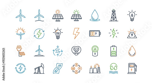 A collection of illustrated energy icons representing various power sources and resources