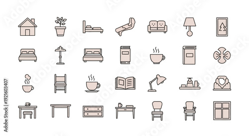 A collection of stylized icons showcasing various elements of home furnishings