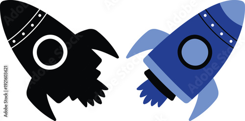 Modern rocket launch icon set in blue flat and line style. Collection includes startup, space shuttle, takeoff and boost symbols ideal for apps, technology and innovation themes.