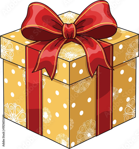 Isometric vector illustration of a beautifully wrapped yellow gift box featuring white snowflake and dot patterns tied with a large festive red bow for holidays or celebrations