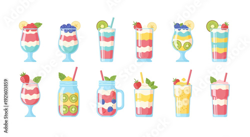 A vibrant assortment of layered dessert beverages with fruit garnishes in various containers