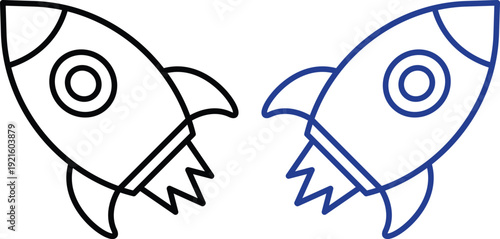 Modern rocket launch icon set in blue flat and line style. Collection includes startup, space shuttle, takeoff and boost symbols ideal for apps, technology and innovation themes.