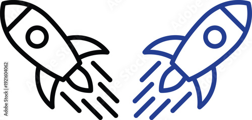 Modern rocket launch icon set in blue flat and line style. Collection includes startup, space shuttle, takeoff and boost symbols ideal for apps, technology and innovation themes.