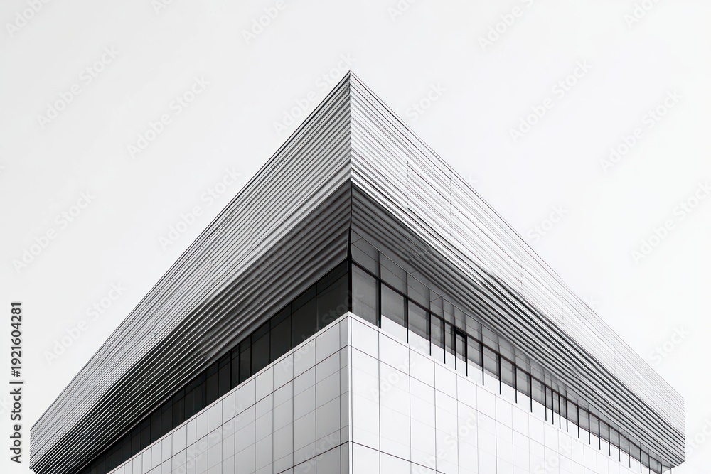 Obraz premium Sharp corner of a modern commercial building with tiled lower facade, ribbon glass windows and horizontal metal cladding in a minimalist monochrome composition conveying calm precision