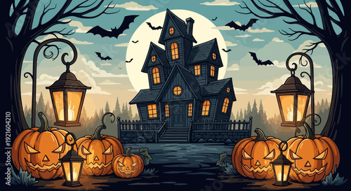Spooky Halloween night scene with a haunted house, full moon, bats, and glowing jack-o'-lanterns.