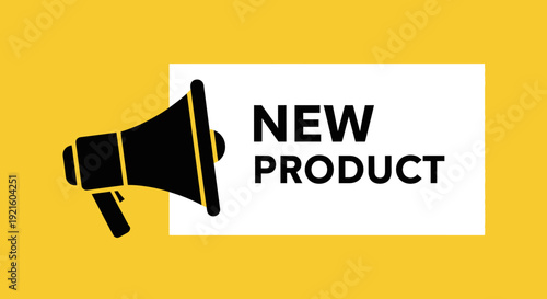 Announcement graphic promoting a new product with megaphone design on yellow background