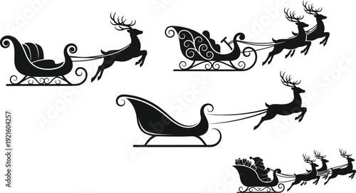 Collection of black silhouette vector graphics featuring various ornate Christmas sleighs being pulled by flying reindeer across a white background perfect for holiday design projects