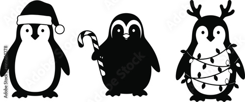 Set of three cute black and white penguin illustrations celebrating winter holidays with festive accessories like a Santa hat candy cane and tangled string lights