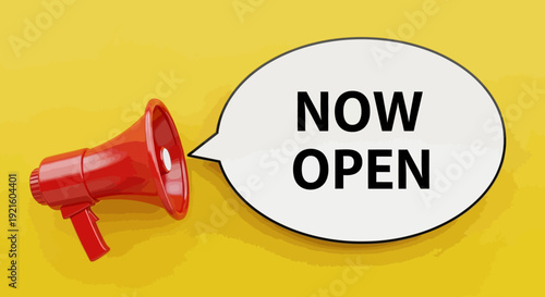 Announcing a new beginning: Now Open message communicated through a megaphone announcement