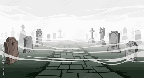 An eerie cartoon illustration of a misty graveyard with numerous tombstones and a stone path leading into the distance.