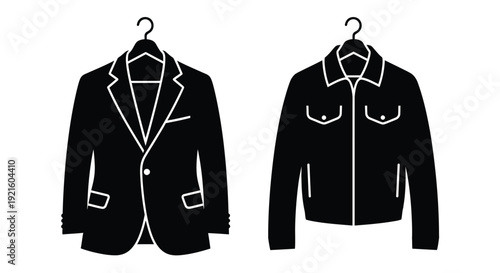 Two hanging garments a suit jacket and a blazer in silhouette