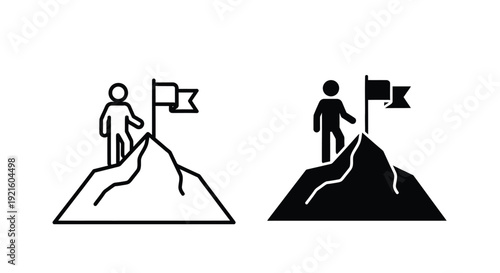 Two figures conquering mountains with flags a striking silhouette