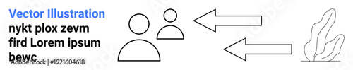 Communication, teamwork, navigation, organization, direction, relationships. Minimalistic design features two human figures, arrows pointing right and left and a plant symbol. Communication