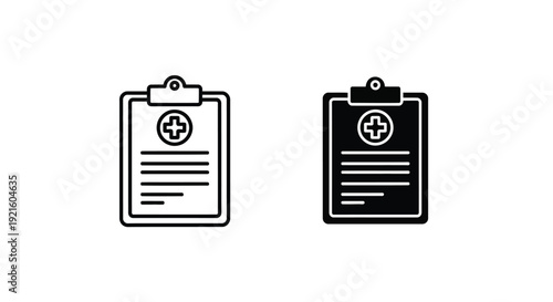 Two medical clipboards with a plus sign contrasting black styles silhouette