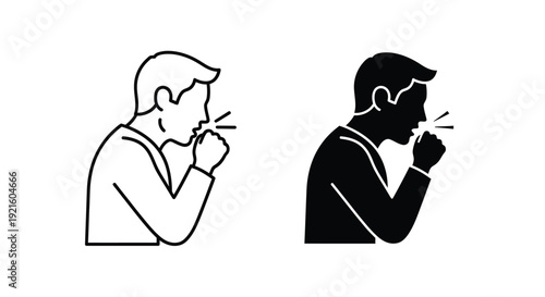 Man coughing into elbow line art and contrasting dark silhouette