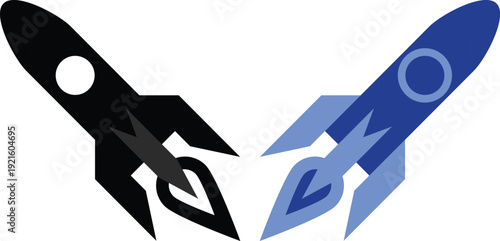 Modern rocket launch icon set in blue flat and line style. Collection includes startup, space shuttle, takeoff and boost symbols ideal for apps, technology and innovation themes.