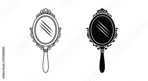 Two ornate hand mirrors with differing reflections a black silhouette